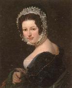 unknow artist Portrait of a young lady,half-length,wearing a black dress,with a green mantle,and a lace bonnet china oil painting reproduction